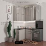 Desain kitchen set minimalis finishing HPL motif serat kayu